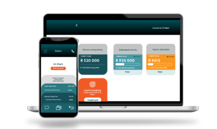 Smartphone and laptop displaying a financial planning app dashboard with savings and investment balances.