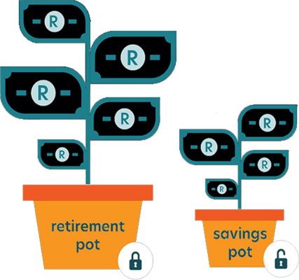 Illustration of two investment pots labelled “retirement pot” and “savings pot” with money growing like plants, showing locked and accessible funds.